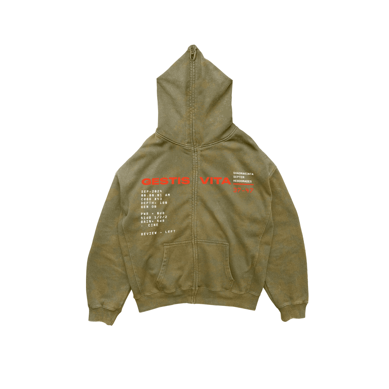 Introducing the Pie Grande Embryo, an exclusive collectible from Machina - Wearable Technology. This olive green hoodie is expertly crafted from French terry cotton and features a full zipper adorned with striking red and white text proclaiming "GESTIS VITA." The design is enhanced by additional smaller text and symbols below, along with a functional hood and two front pockets for both style and practicality.