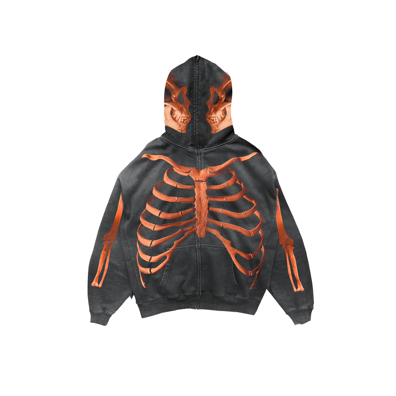 The Pie Grande Skeleton by Machina - Wearable Technology is a black hoodie adorned with an orange skeleton design on the back and hood, showcasing ribcage and skull illustrations, ideal for mythical enthusiasts with an adventurous spirit.