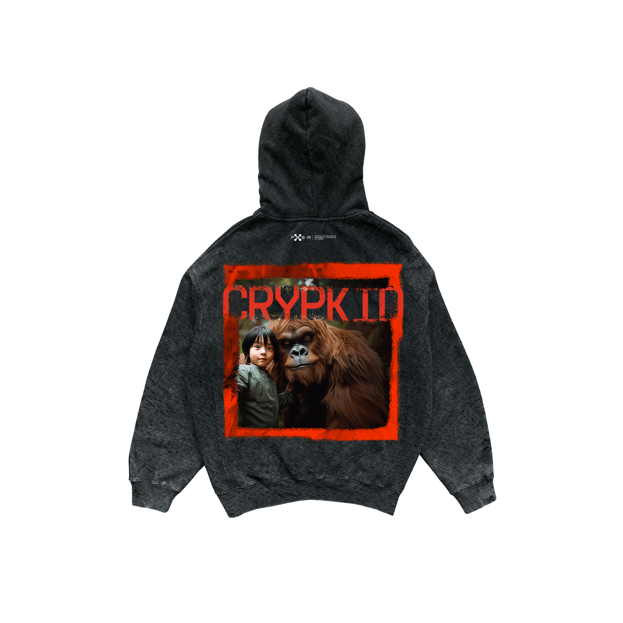 The Crypkid hoodie by Machina - Wearable Technology features a captivating design with a person standing next to a large ape-like creature, symbolizing an intriguing bond. The word CRYPKID stands out in bold red letters above them, all framed within a striking red square on the black French terry cotton fabric.