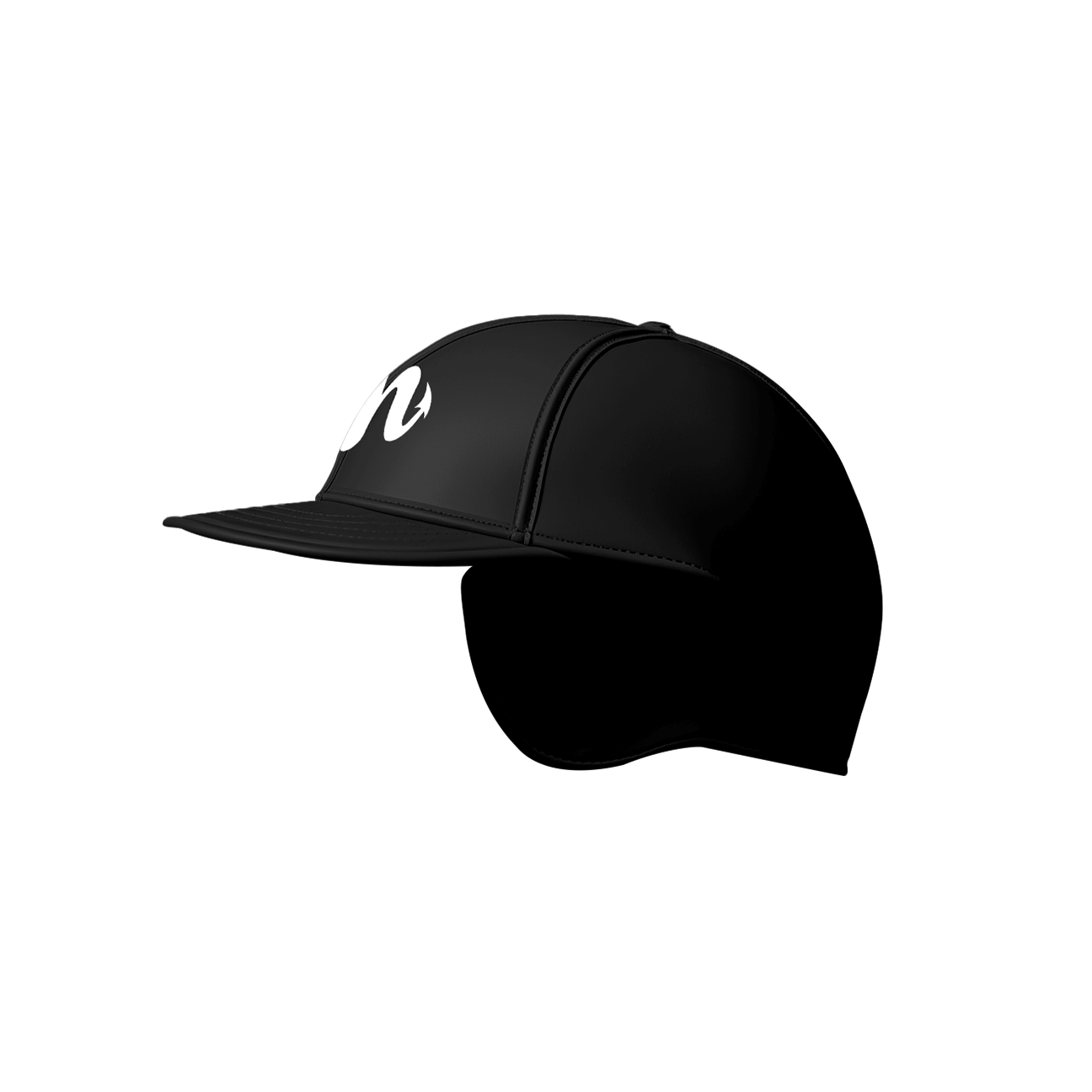 A Hellmet Black baseball cap from Machina - Wearable Technology, showcasing a striking white curved design on the front. It has a flat brim and a sleek, fitted style, reminiscent of protective gear. The cap is set against a plain white background to emphasize its bold design.