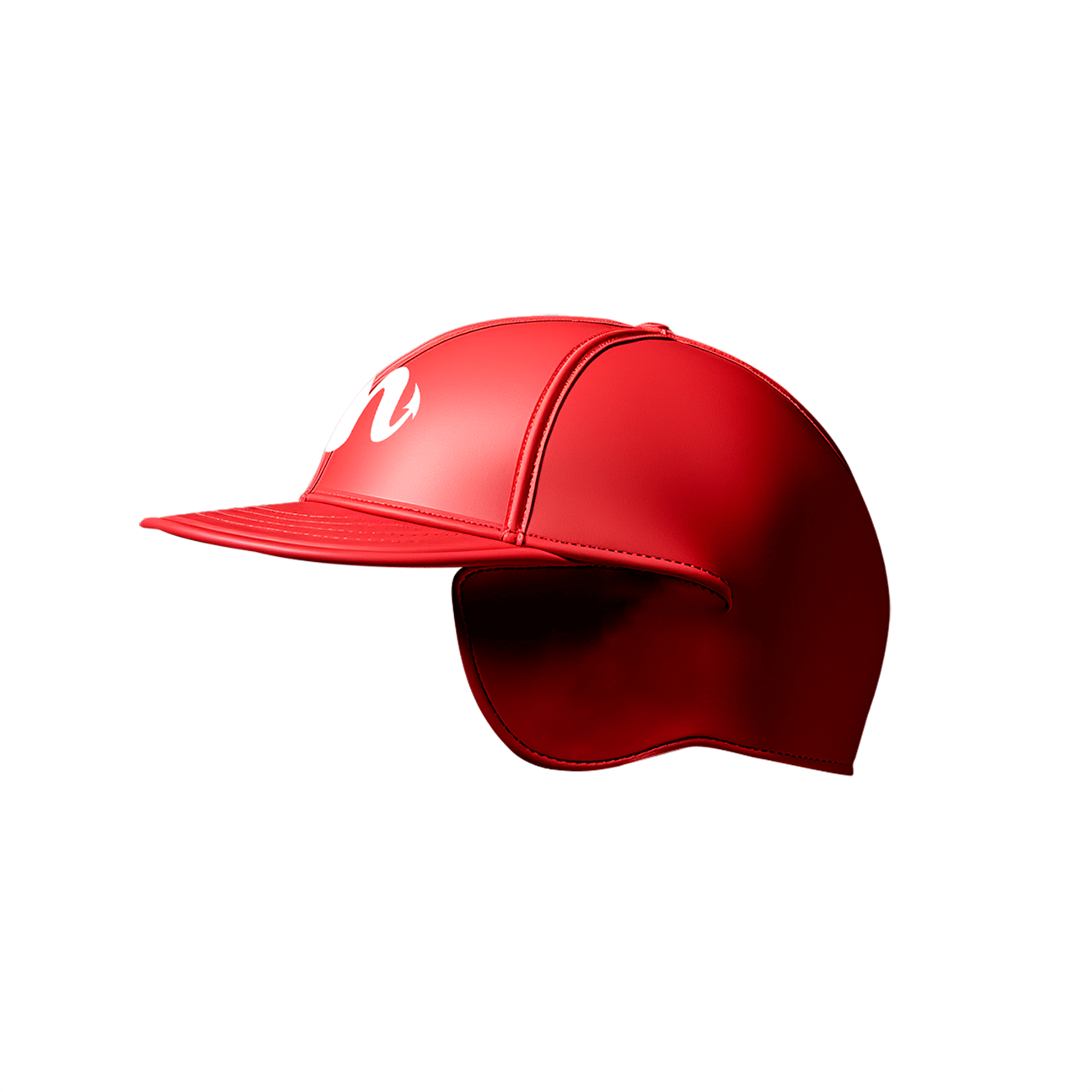 Hellmet Crimson by Machina - Wearable Technology is a red baseball cap featuring a white logo on the side, extended ear flaps, and durable construction for enhanced comfort.