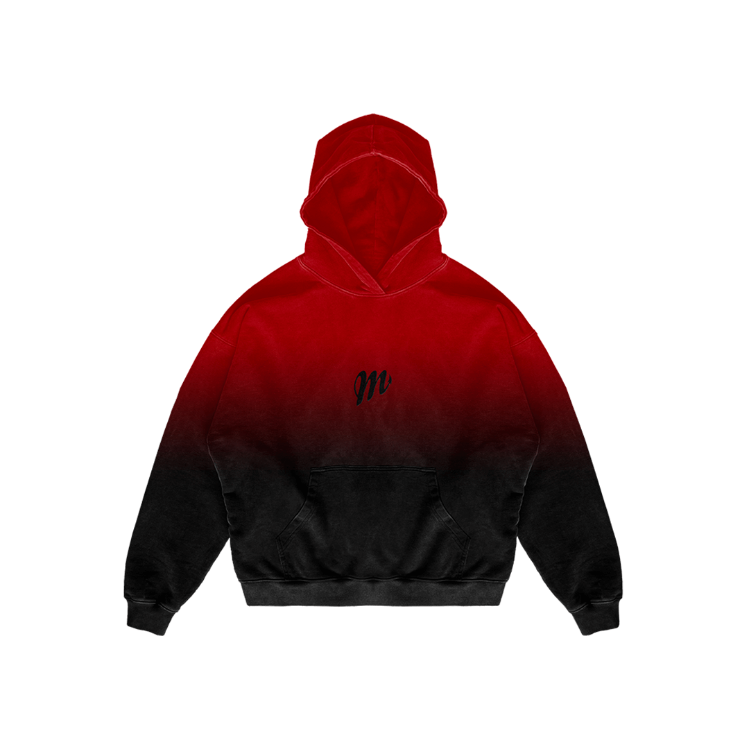 Introducing the Crimson Hoodie by Machina - Wearable Technology, an oversized red and black gradient masterpiece featuring a front pouch pocket. This trend-setting hoodie proudly showcases a small, stylized letter "m" on the chest, ensuring it is both stylish and functional for any wardrobe.