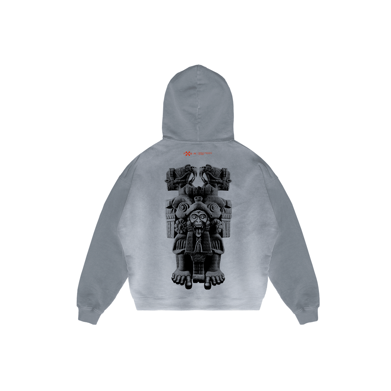 The Coatlicue Hoodie by Machina - Wearable Technology is a gray hoodie characterized by a large black Aztec-inspired design on the back, featuring symmetrical intricate patterns and a central figure that embodies a primal connection. It includes a drawstring hood and ribbed cuffs.