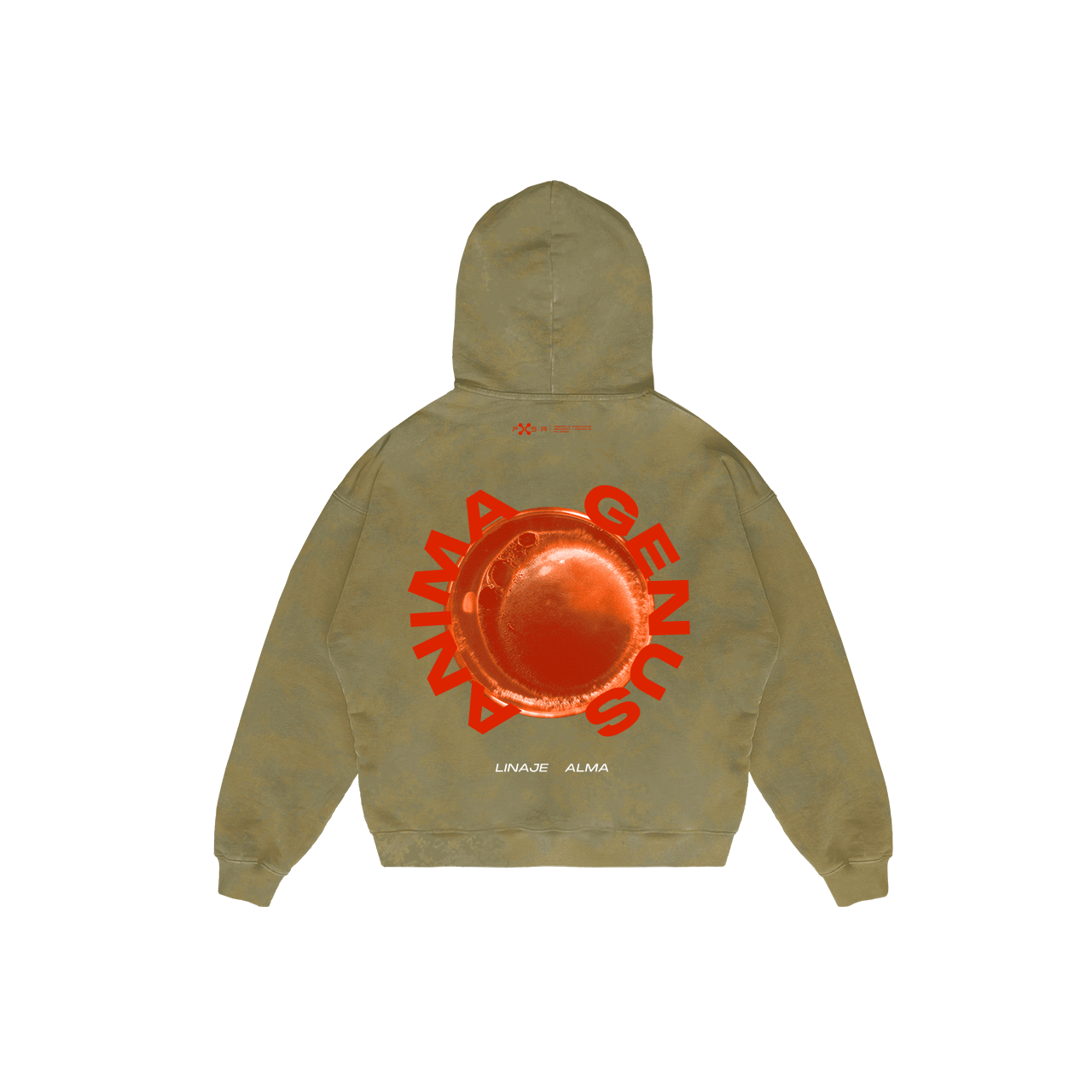 Explore La Célula, a khaki hooded sweatshirt from Machina - Wearable Technology, tailored for science fiction apparel fans. It features a bold red graphic with ANIMA GENUS encircling an abstract pattern and LINEAGE ALMA beneath, infusing your wardrobe with a hint of Bio-Engineered Bigfoot allure.