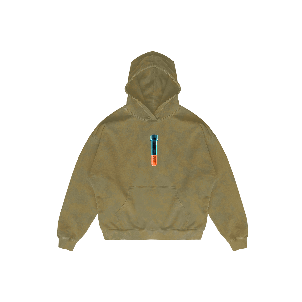 Dive into the world of science fiction apparel with our olive green La Célula hoodie by Machina - Wearable Technology. This hoodie includes a front pocket and a striking test tube graphic at its core, making it ideal for fans of bio-engineered Bigfoot stories or anyone who enjoys a unique take on classic style.