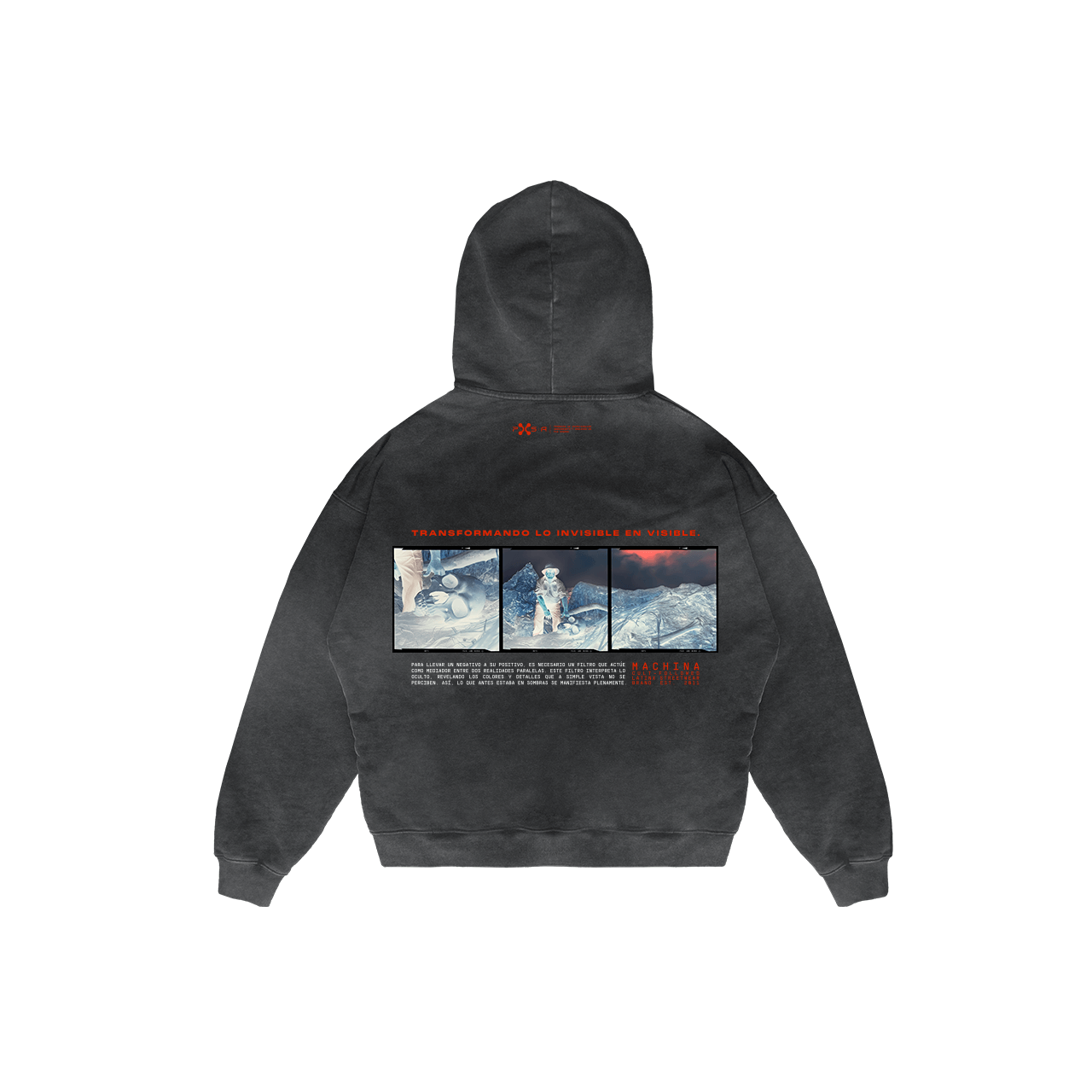 This interactive hoodie, from Machina - Wearable Technology's "The Unveiling" collection, boasts a striking design on the back, showcasing three panels of mountain landscapes with a figure dressed in winter gear. Above these images is the phrase, "TRANSFORMANDO LO VISIBLE EN NIEVE," honoring Dr. Alejandro's Discovery. Additional small text can be found beneath this bold statement.