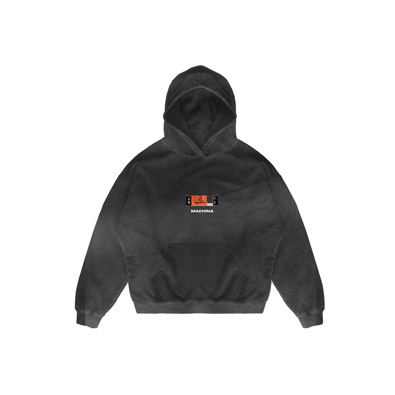 This interactive hoodie, named The Unveiling by the brand Machina - Wearable Technology, includes a front pocket and displays a rectangular graphic on the chest with the word MACHINE beneath an abstract design, inspired by Dr. Alejandro's Discovery.
