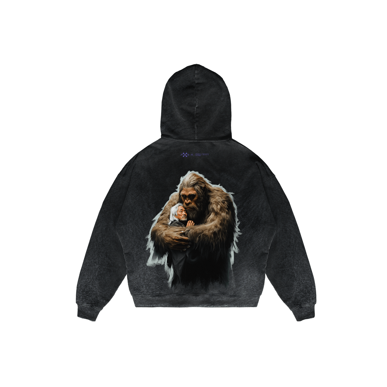Introducing the Satori by Machina - Wearable Technology, a black hoodie made from soft French terry cotton. It showcases an intricate and vivid image on the back, depicting an elderly man forming a lifelong bond with a large, ape-like creature against a plain background.