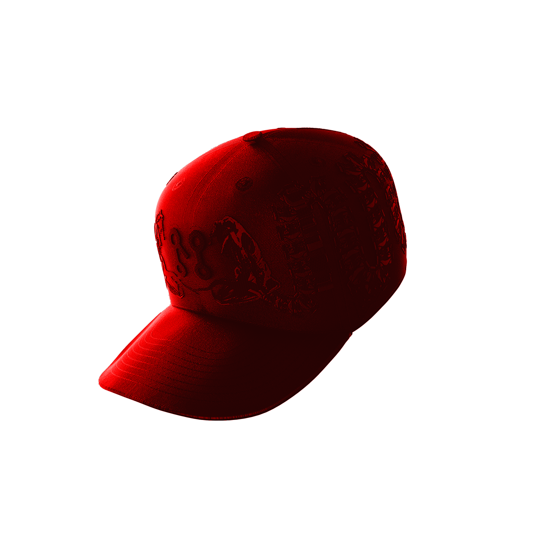 The Inferno Ouroboros Cap by Machina – Wearable Technology features black embossed Ouroboros designs on the front and side, made from soft black corduroy, shown here against a white background.