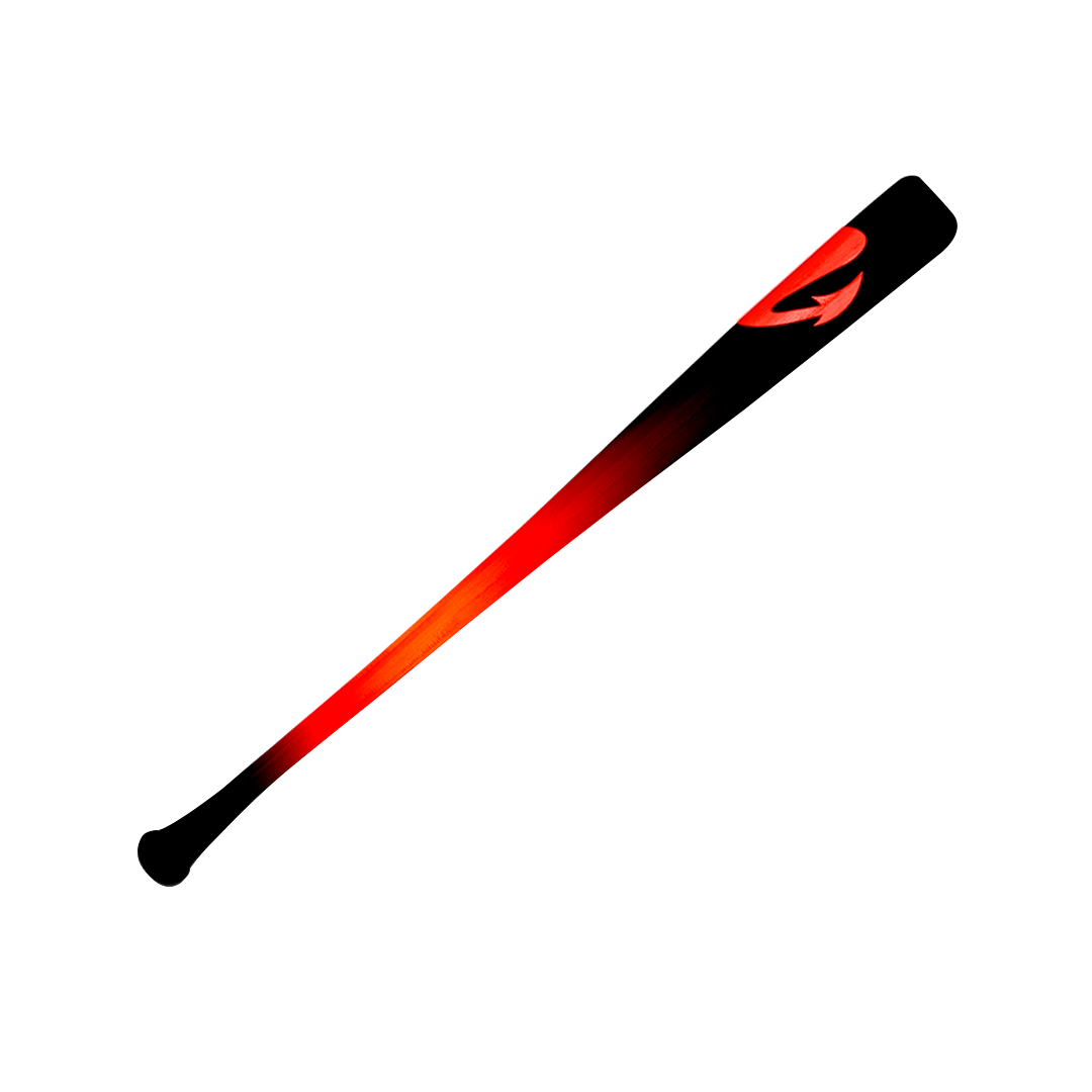 Introducing the Inferno Baseball Bat from Machina - Wearable Technology, showcasing a striking gradient design that shifts from black to red with a bold red R logo near the top. This bat represents an unstoppable force, poised to elevate your game with unparalleled style and power.