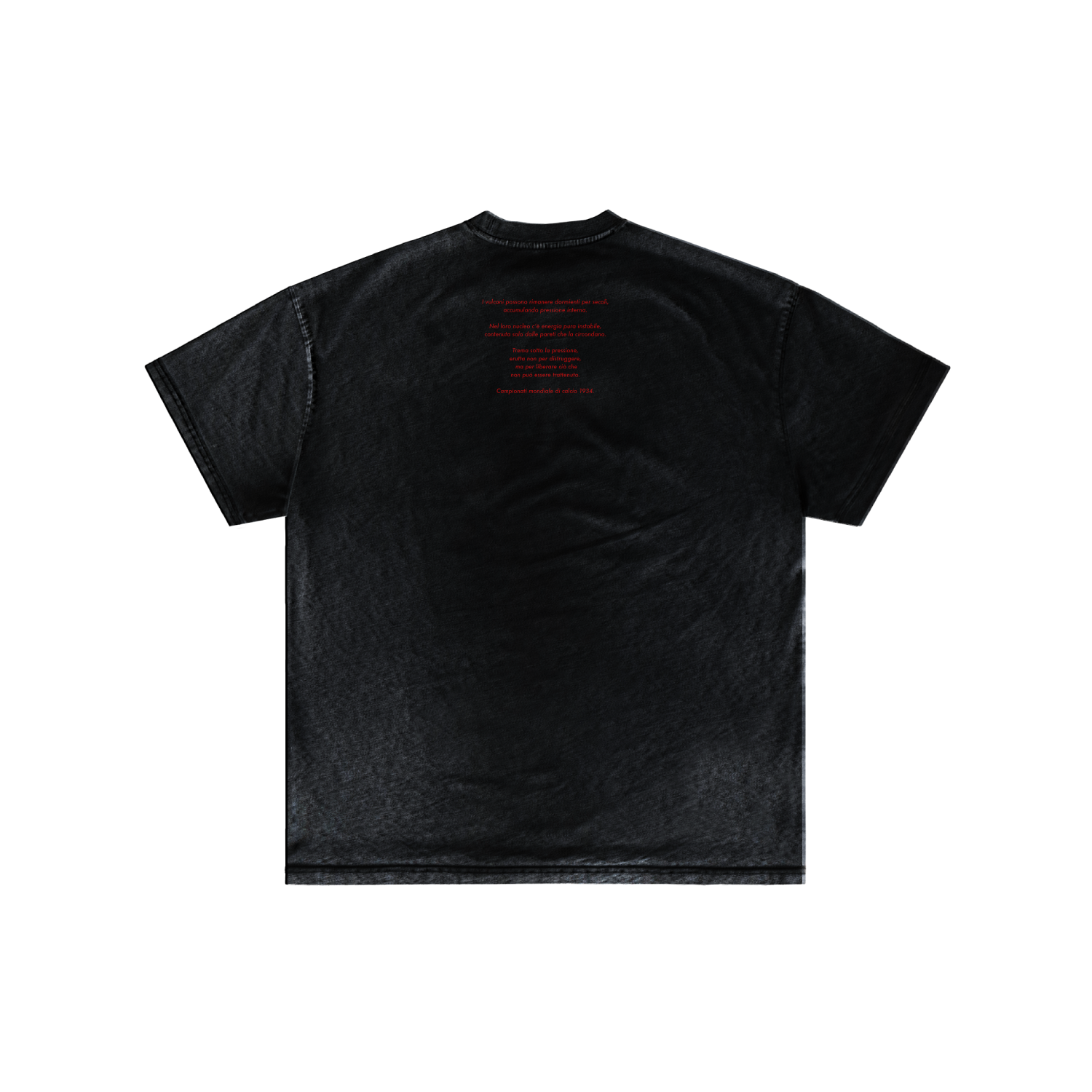 A plain black T-shirt by Machina - Wearable Technology, named ITALIA VOLCAN, shown flat from the back with a small, unclear block of red text printed near the upper center below the neckline.