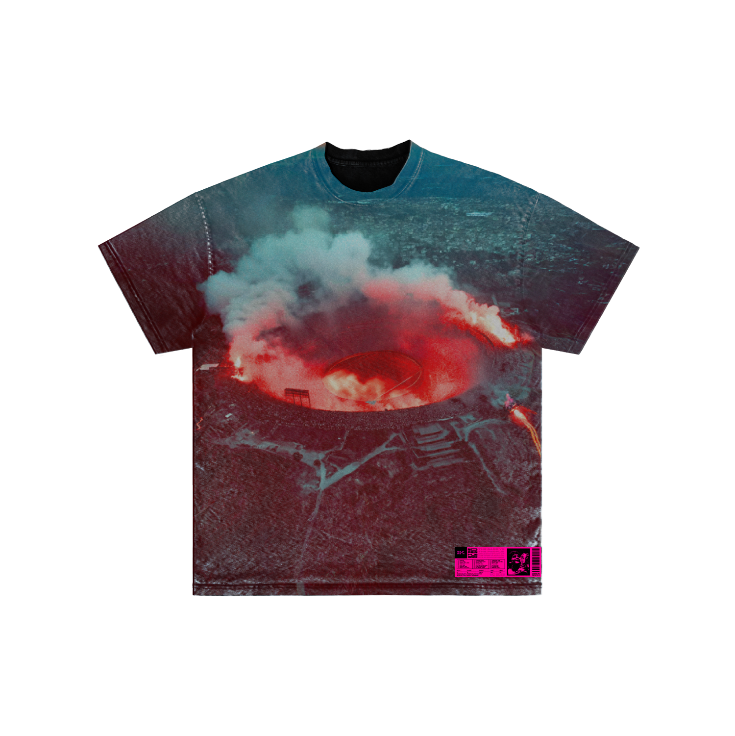 The ITALIA VOLCAN T-shirt by Machina - Wearable Technology showcases a vivid aerial view of a stadium in red smoke and flames on a dark background, finished with a small pink graphic label near the hem.