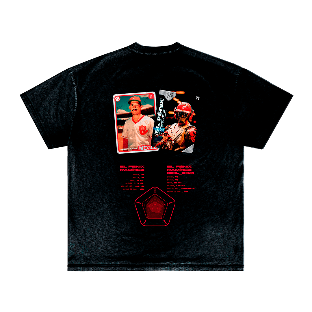 The Level Up T-shirt from Machina - Wearable Technology features a black base illustrating the journey of two players: one in a red and white uniform, the other sporting a red helmet and dark attire. The design is complemented by red text and graphics, notably displaying a pentagon shape that symbolizes their progression on the field.