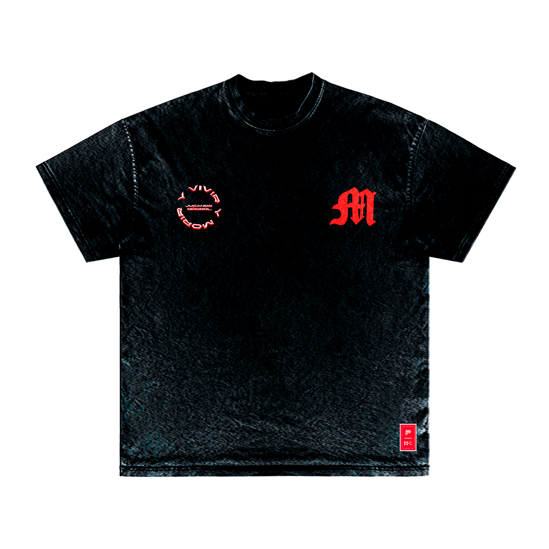 The "Level Up" T-shirt by Machina - Wearable Technology boasts a black design with a red Gothic-style "M" on the left chest, symbolizing personal growth. A circular logo with text appears on the right chest, and a small red tag with white text is featured on the bottom left hem, embodying your desire to elevate your style.