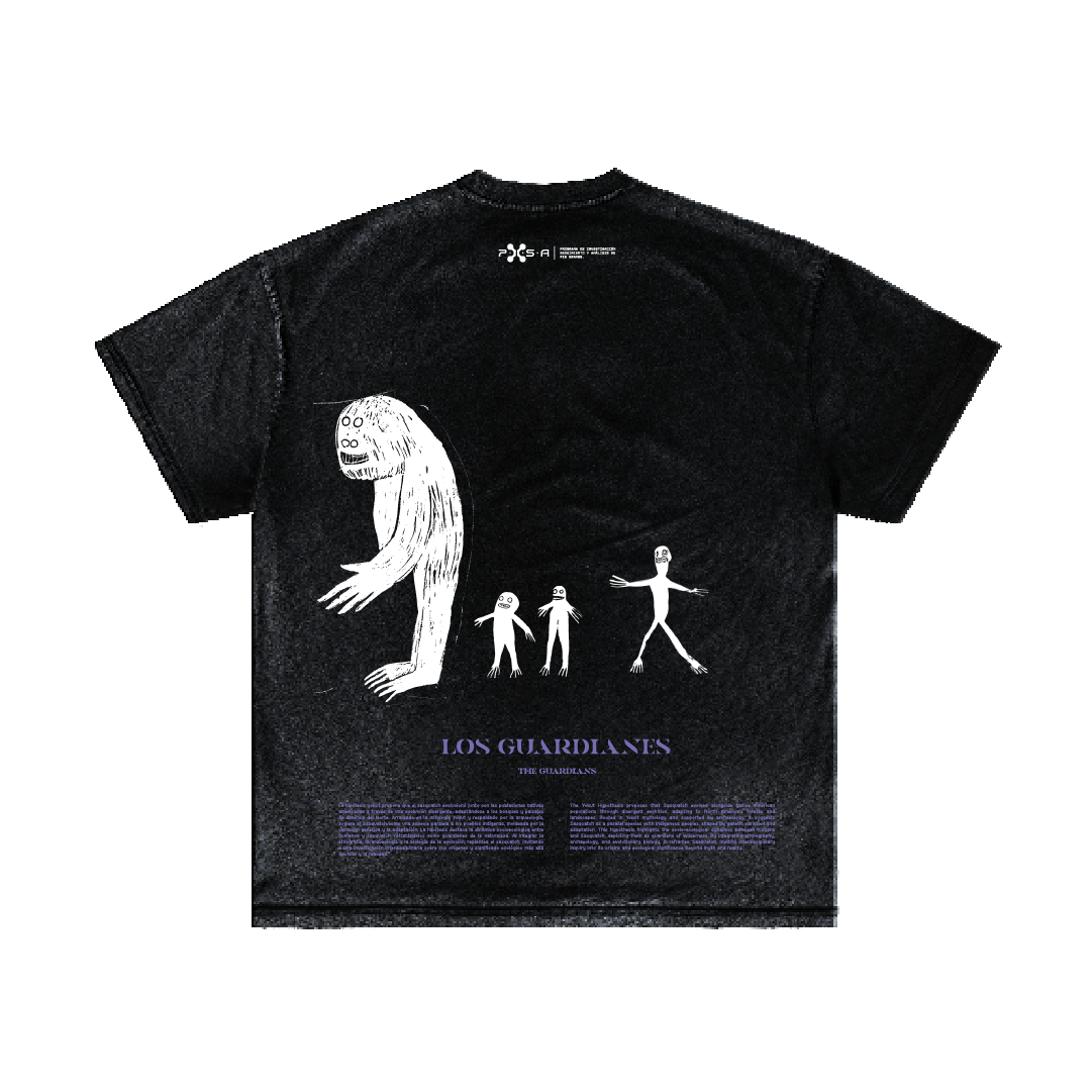 A black t-shirt by Machina - Wearable Technology, showcasing white illustrations of abstract figures on the back. It includes a large creature reminiscent of Bigfoot alongside three smaller human-like forms, with the text "Los Guardianes" below, making an evolutionary statement.