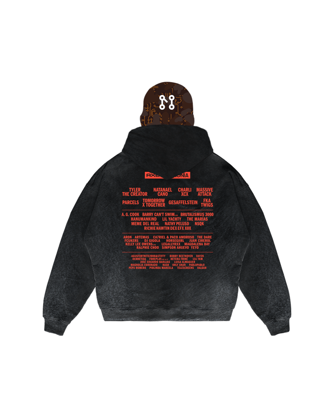 The Ángel Hoodie by Machina - Wearable Technology features a bold back graphic with red names, exuding a survival streetwear vibe. The hood playfully displays a chocolate donut with white icing, capturing the rebellious spirit of ÁNGEL 1992.