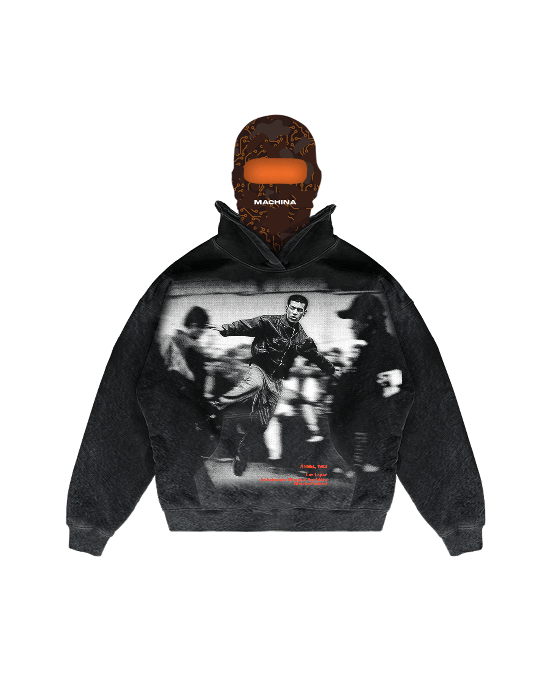 The Ángel Hoodie by Machina - Wearable Technology features an indie film-inspired design with a black-and-white image of a person running among blurred figures, text at the bottom, and a hood with a brown pattern and MACHINE in white, capturing ÁNGEL 1992s survival streetwear vibe.