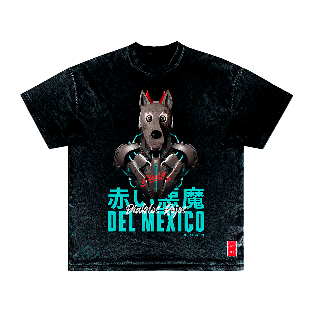 The Rocco Mecha t-shirt by Machina - Wearable Technology features a robotic dog with metallic arms and glowing blue accents, capturing the essence of the Diablos Rojos del México. This black tee is adorned with bold red and white text, prominently displaying "Diablos Rojos DEL MEXICO" beneath the eye-catching mascot design.