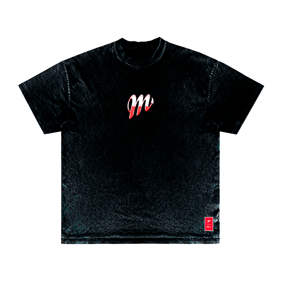 The (Copy) Diablos Isotype Chromed shirt, by Machina - Wearable Technology, features a stylized red and white letter M design in the center that captures the loyalty and passion of Diablos Rojos del México. A small red tag with white text is stitched near the bottom edge on the right side.