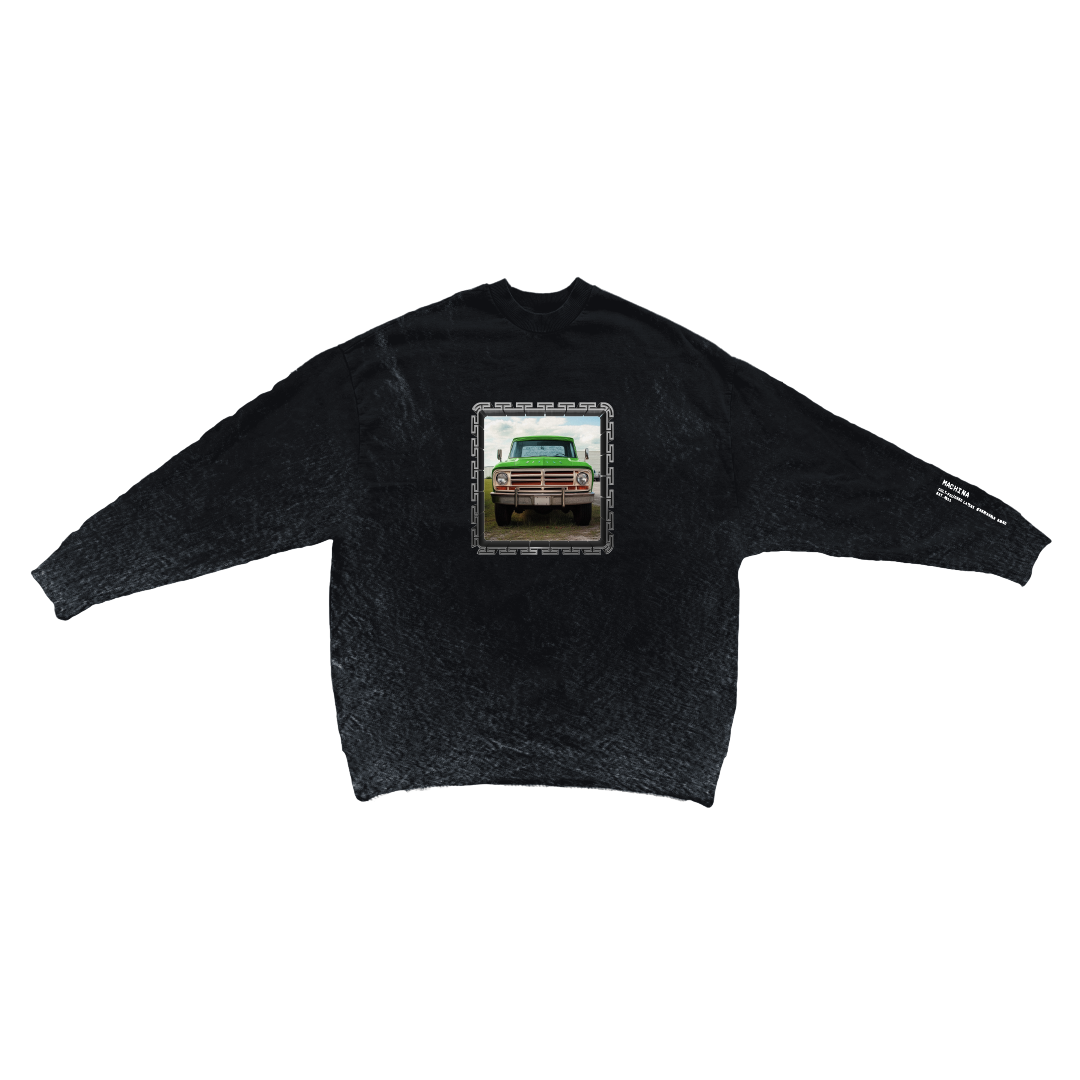Introducing the La Bronco Apa crewneck from Machina - Wearable Technology, a black sweatshirt showcasing a vintage car graphic as its centerpiece. This exclusive piece is part of a limited collaboration with Spotify, merging classic style with contemporary flair.