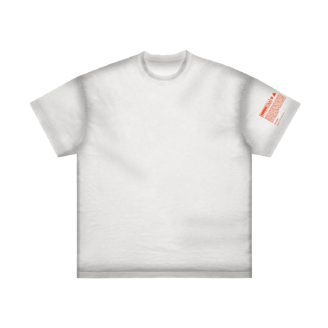 The Coatlicue by Machina - Wearable Technology is a plain white T-shirt featuring a small orange rectangular label with white text on the right sleeve. It boasts a simple round neckline and short sleeves, evoking the timeless style of ancient history.