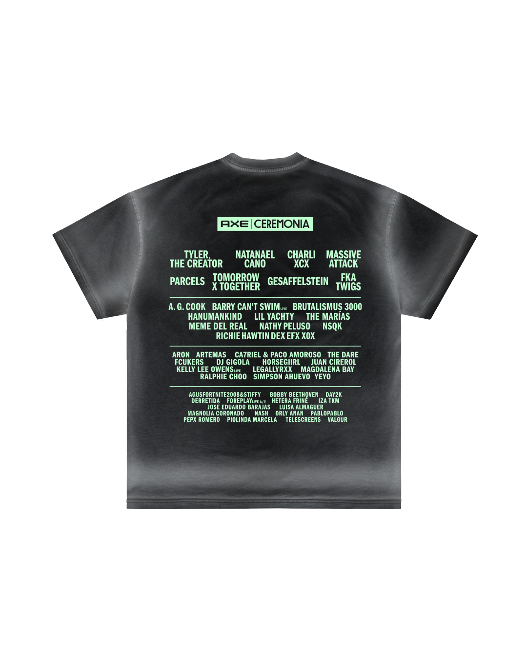 The Ángel t-shirt by Machina - Wearable Technology captures rancho aesthetics with a black design featuring artists names in green font on the back, including Tyler, the Creator and Charli XCX, under FIM DE SEMANA CEREMONIA, perfect for regional movement aficionados.