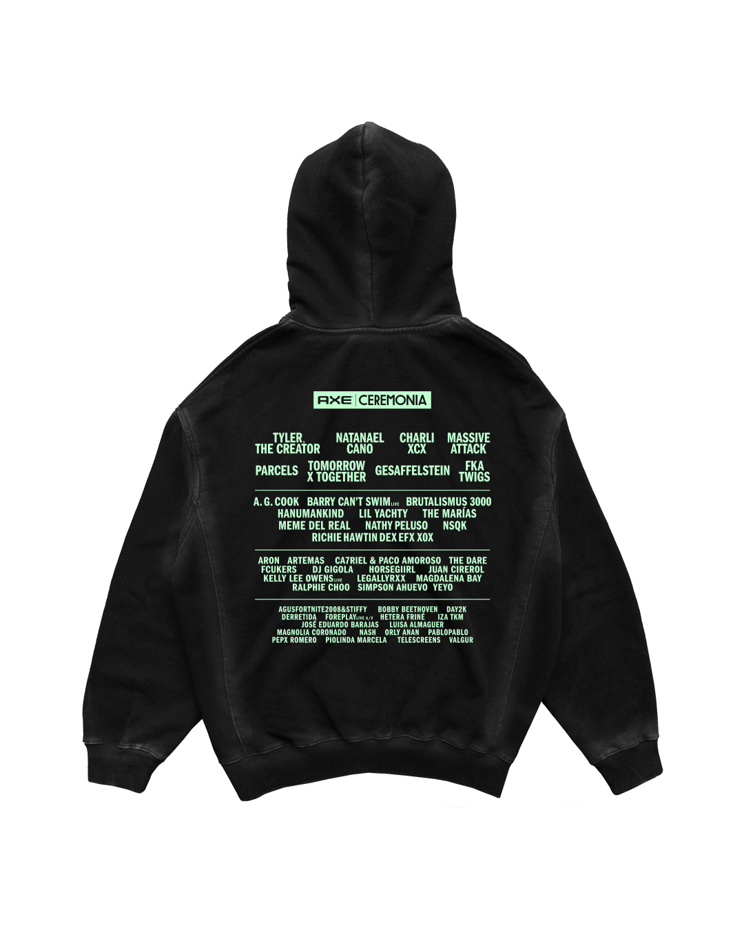 The Brillo Hoodie by Machina features a black design with green text on the back, listing artists like Tyler, The Creator, Natanael, and Massive Attack. It showcases Ceremonia above lines, capturing the regional movement spirit with an edgy Luz López touch.