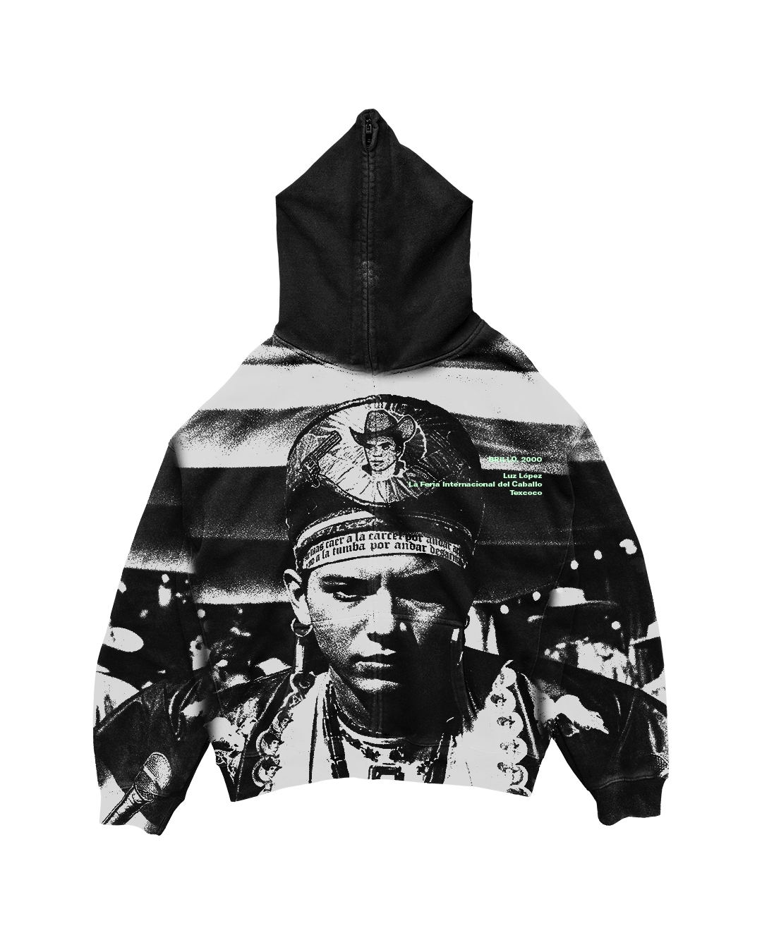 The Brillo Hoodie by Machina - Wearable Technology showcases a black design with a high-contrast graphic of a man in intricate hat and jewelry across the back. It features striped lighting effects, green text, and a full zip hood, designed by Luz López to embody the vibrant spirit of the regional movement.