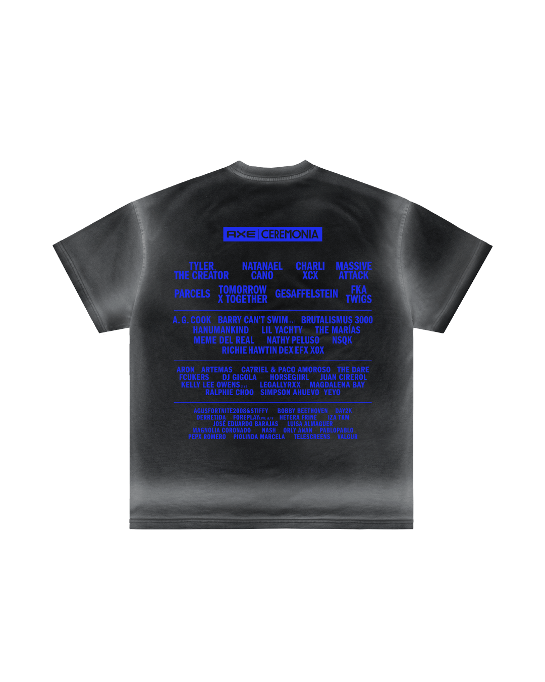 The No les creas Nada black T-shirt by Machina - Wearable Technology features blue text listing artists like Tyler, the Creator, and Charli XCX, with a modern, edgy style graphic design and faded text that exudes urban legend vibes.