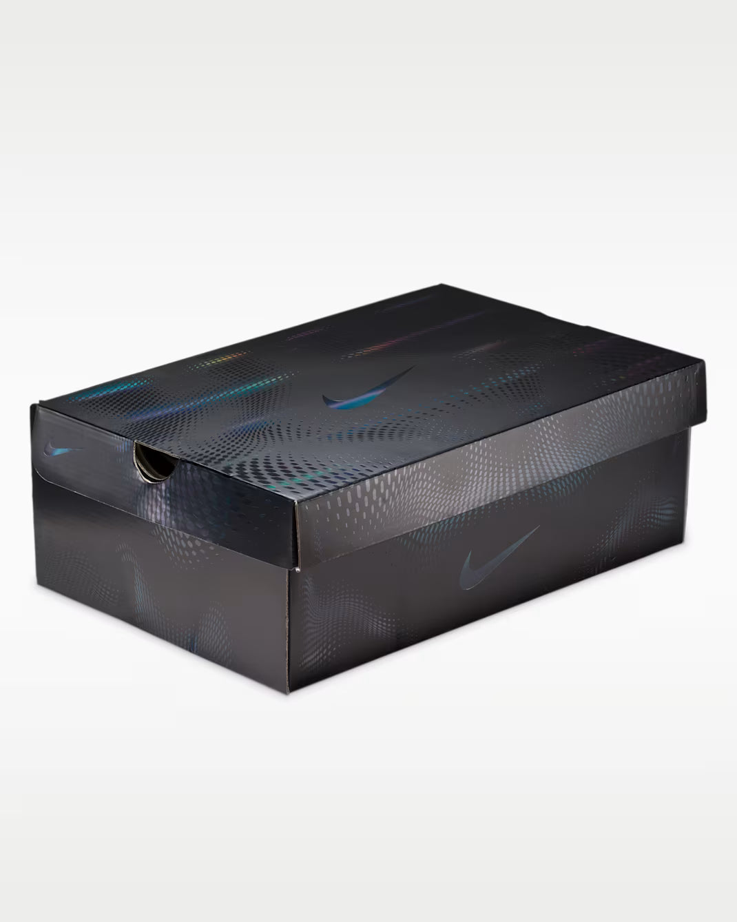 A closed black Machina Wearable Technology box for the Air Liquid Max 'Bright Crimson Fire Red', with subtle iridescent patterns and small logos, featuring a touch of Bright Crimson, placed on a plain white background.