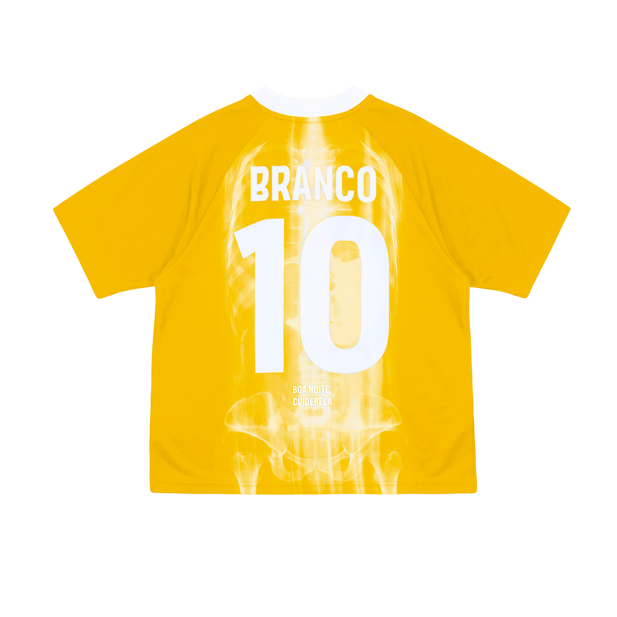 A limited-edition yellow football jersey from Machina - Wearable Technology, called AGUA MÁGICA, with BRANCO and the number 10 printed in white on the back. It features a distinctive white smoke-like pattern on the lower half—a tribute to iconic moments in World Cup history.