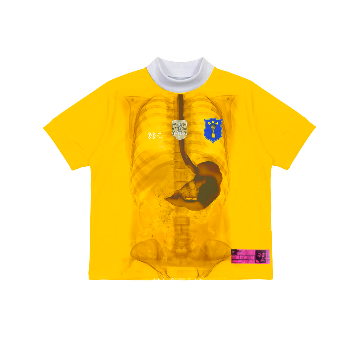 Introducing the AGUA MÁGICA (LIMITED EDITION) by Machina - Wearable Technology: a yellow t-shirt inspired by football jerseys, showcasing a striking human torso X-ray graphic with intricately detailed organs and bones, accented by a blue shield emblem and small logos on the chest—a distinctive homage to World Cup history.
