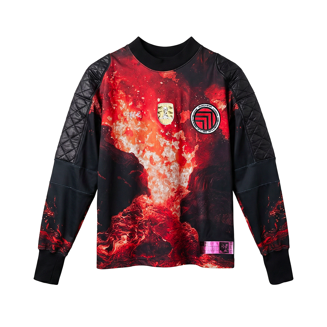L'ERUZIONE by Machina - Wearable Technology is a long-sleeve sweatshirt with black quilted sleeves, a bold red and orange lava pattern, and two embroidered chest patches: a lion crest and a circular design.