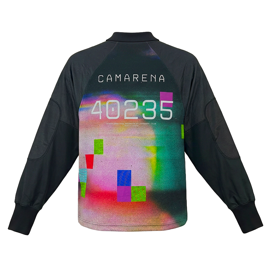 The CAMARENA 40235 by Machina – Wearable Technology is a black long-sleeve shirt featuring abstract colorful blocks, CAMARENA, and 40235 on the back, inspired by Guillermo González Camarena and vintage Mexico 70 goalkeeper jerseys.