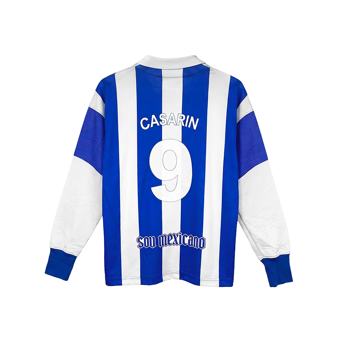Blue and white striped long-sleeve SOU MEXICANO soccer jersey by Machina - Wearable Technology, featuring "CASARIN" and the number 9 on the back, plus "soy mexicano" near the hem—celebrating Mexican football heritage.