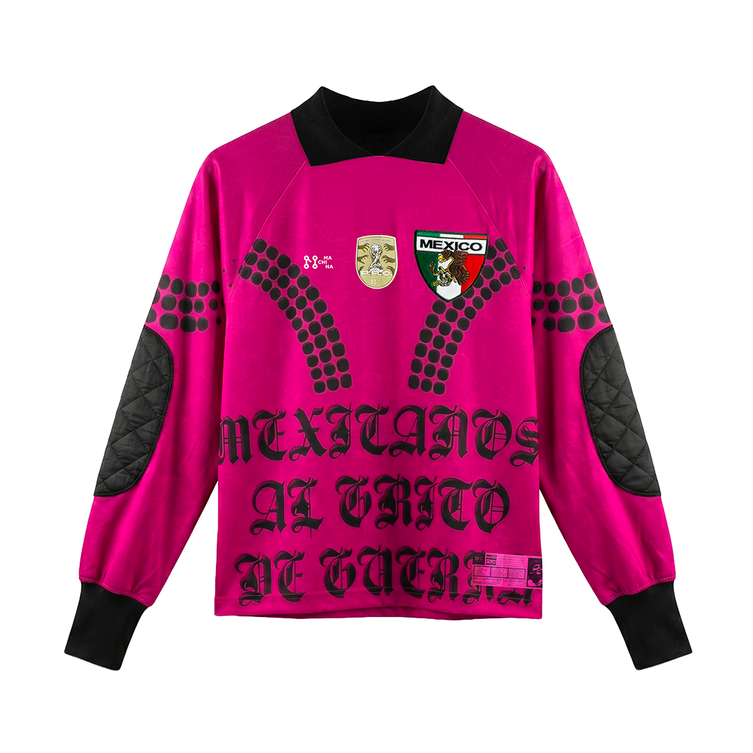 The Guerrero Mexicano LS by Machina - Wearable Technology is a magenta long-sleeve soccer jersey with black quilted elbow patches, collar, cuffs, dotted sleeve/chest designs, Mexico-themed patches, and "MEXICANOS AL GRITO DE GUERRA" in bold black text on the front.