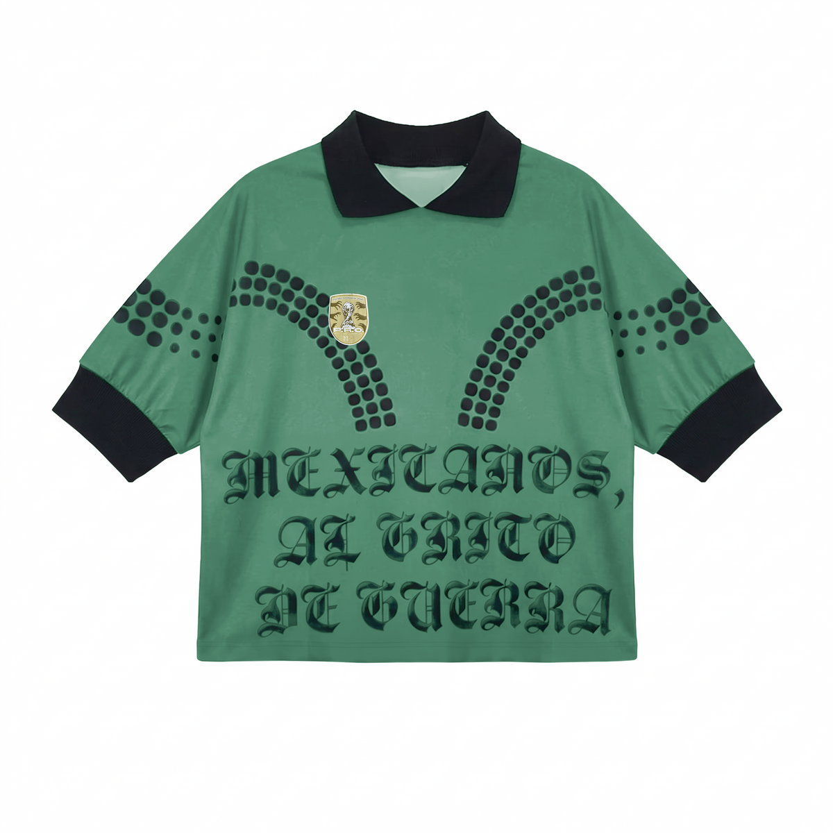The MEXICANOS AL GRITO DE GUERRA (LIMITED EDITION) jersey by Machina - Wearable Technology features a vibrant green short-sleeved design with black dots forming arches, a crest on the left chest, black collar and cuffs, and the phrase “Mexicanos, al grito de guerra” boldly emblazoned across the front—honoring the spirit of Huastec warriors and reflecting the pride embodied in the Mexican national anthem.