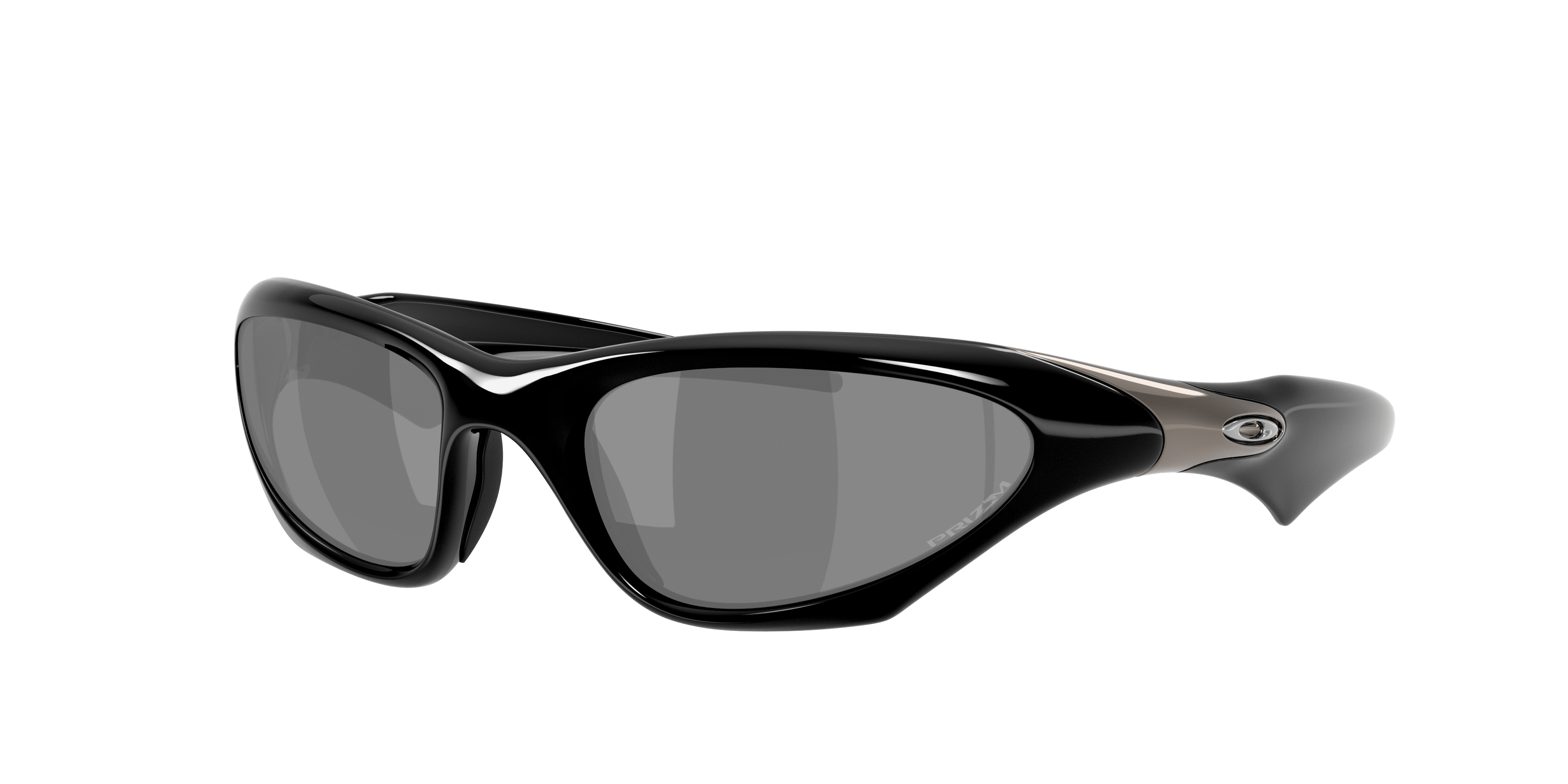 The LIMITED-EDITION OAKLEY® MUZM SCAR by Machina - Wearable Technology features black high-wrap sunglasses with Prizm Black lenses, a shiny frame, and a metallic temple accent—an iconic look inspired by the original Oakley Scar.