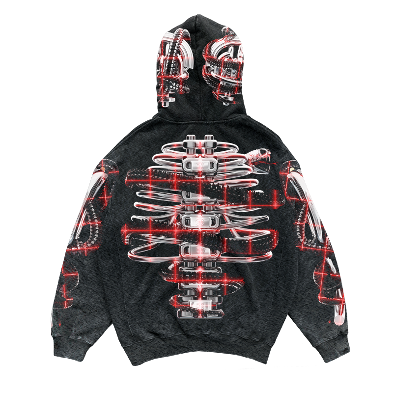 The OUROBOROS OSSEOUS DARK HOODIE by Machina - Wearable Technology is a black hoodie with a bold, futuristic biomechanical exoskeleton design on the back, featuring layered metallic and red elements for a high-tech, cyberpunk look.