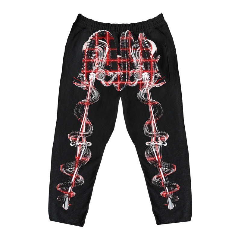 The OUROBOROS OSSEOUS DARK HOODIE by Machina - Wearable Technology features an abstract, futuristic design with red, white, and silver mechanical and coil-inspired patterns. It offers a modern aesthetic and comfortable fit.