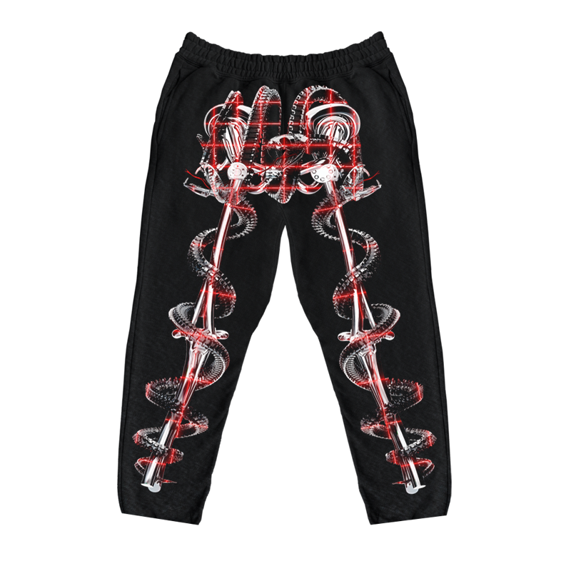 The OUROBOROS OSSEOUS DARK HOODIE by Machina - Wearable Technology features abstract red, white, and silver designs inspired by biomechanical exoskeletons for a futuristic, cybernetic look.