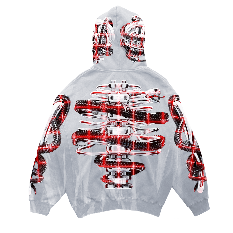 The OUROBOROS OSSEOUS MOLOLITH HOODIE by Machina – Wearable Technology features bold red, black, and white biomechanical exoskeleton-inspired patterns resembling mechanical spines and cables on the back, hood, and sleeves.
