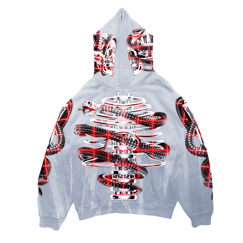 The OUROBOROS OSSEOUS MONOLITH HOODIE by Machina - Wearable Technology features a light gray base with bold red, black, and white coiled snakes creating a striking symmetrical pattern across the back, sleeves, and hood.