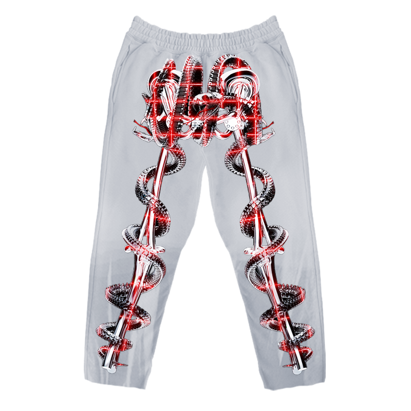 The OUROBOROS OSSEOUS MOLOLITH HOODIE by Machina - Wearable Technology features a bold, biomechanical exoskeleton-inspired graphic of metallic red and black snakes winding vertically down each sleeve.