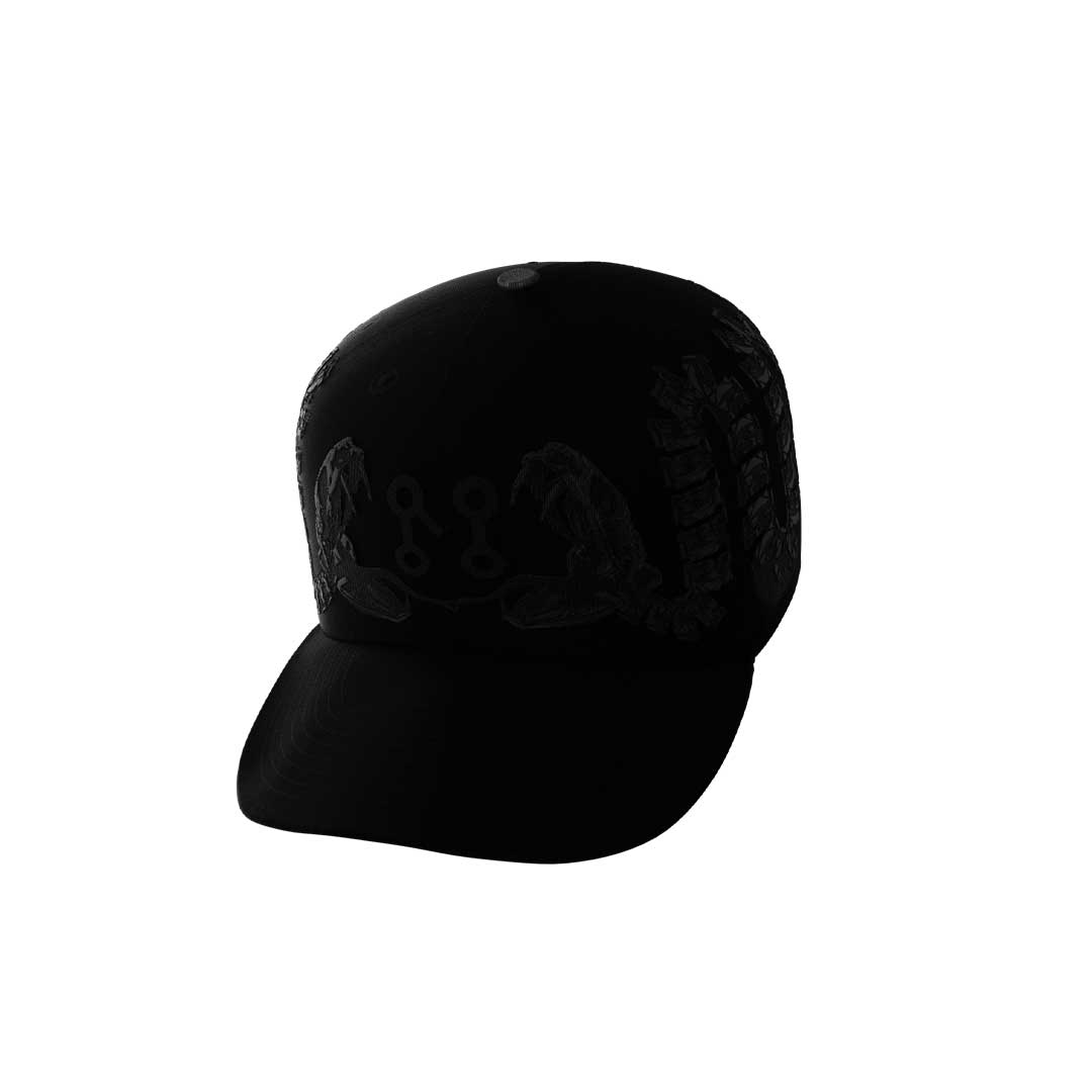 The Ouroboros Cap by Machina - Wearable Technology is a black baseball cap featuring subtle dark embroidery on the front and sides, shown against a white background.