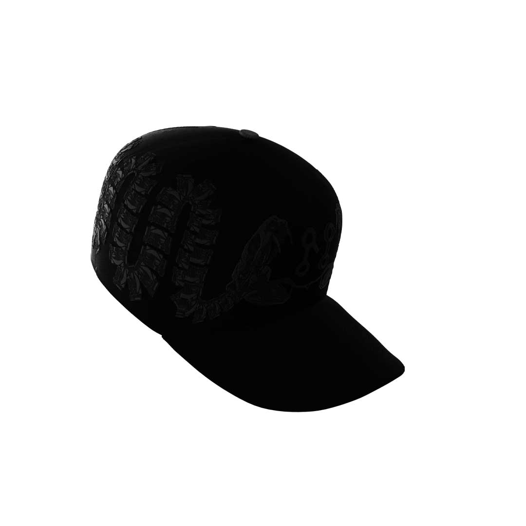 The Ouroboros Cap by Machina - Wearable Technology is a black flat-brim baseball cap featuring a subtle, dark embroidered snake-inspired design coiled across the front and side panels.