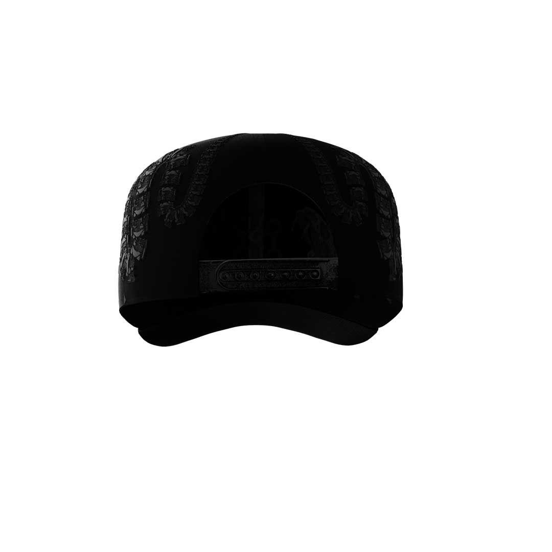 The Ouroboros Cap by Machina - Wearable Technology is a black baseball cap shown from the back, featuring an adjustable snap closure and embroidered side details.