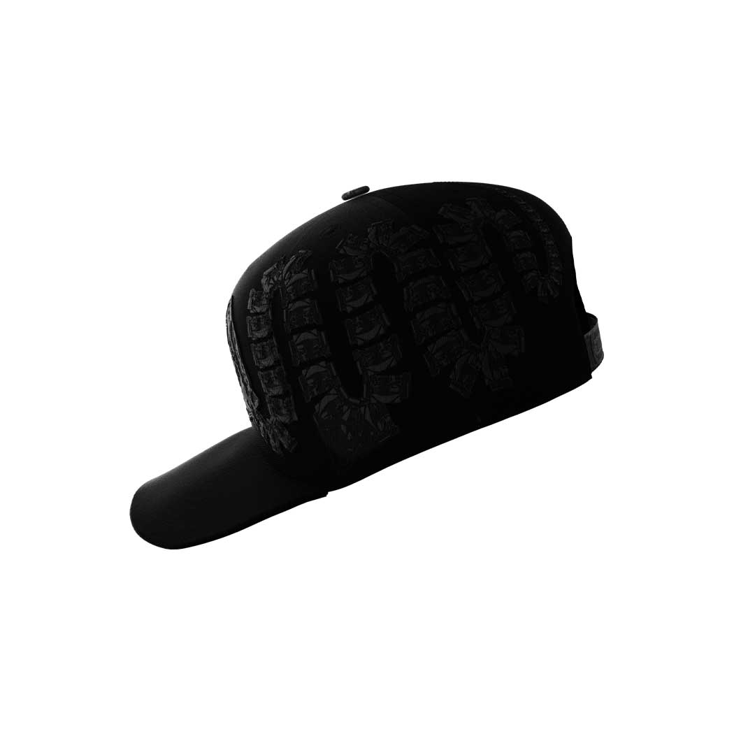 The Ouroboros Cap by Machina - Wearable Technology is a black baseball cap featuring a raised, textured black pattern resembling tire tracks or zigzag shapes on the front and side, shown on a plain white background.