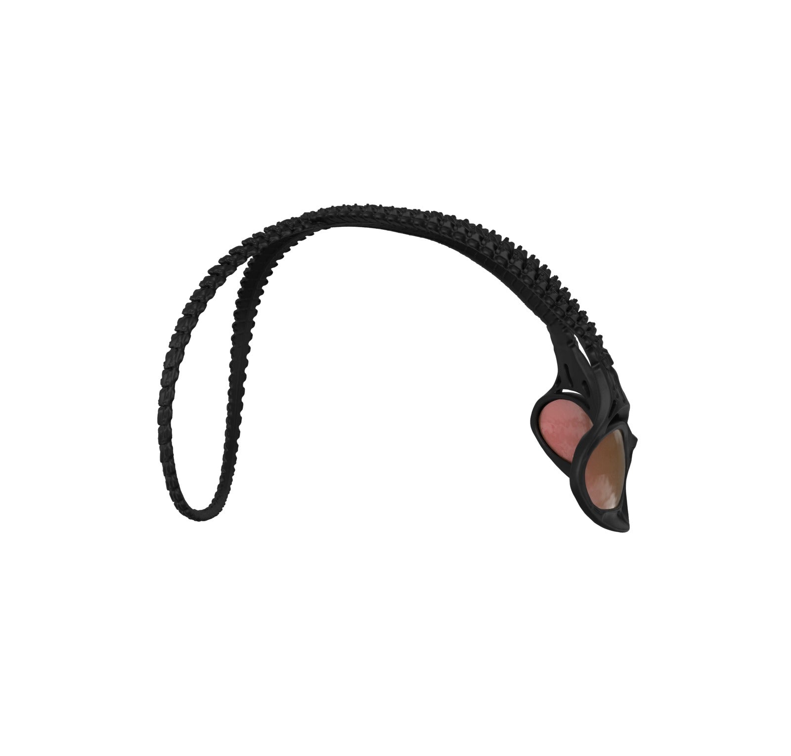 The Eternal Loop sunglasses by Machina - Wearable Technology feature a black arched zipper on white, with a stylized heart pull—half pink, half tan—evoking the playful spirit of bold accessories.