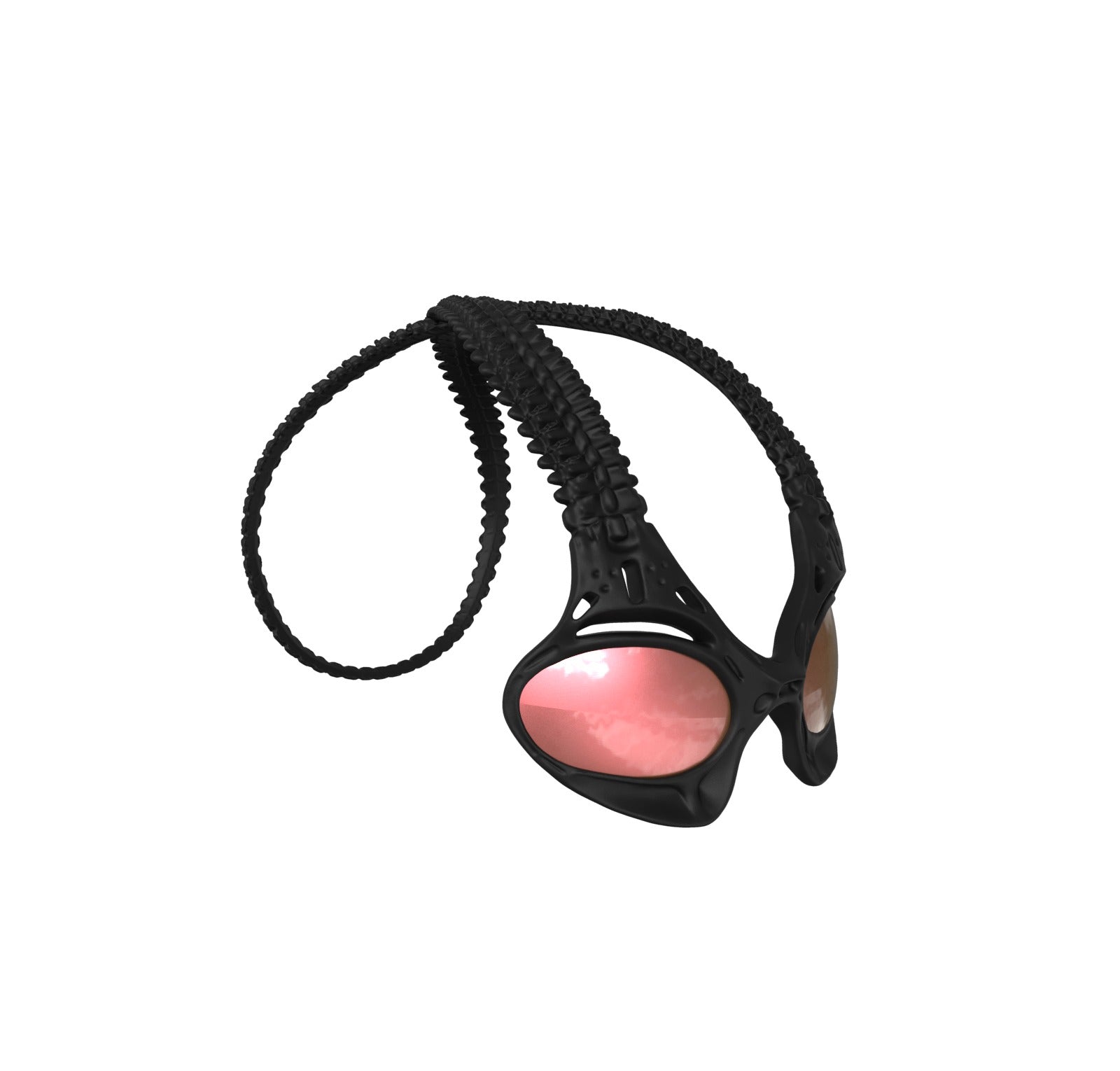 Machina - Wearable Technology's Eternal Loop sunglasses feature reflective pink lenses and a textured, adjustable strap—eye-catching accessories showcased boldly against a plain white background.